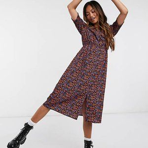 Influence midi dress with shirred sleeves in floral print